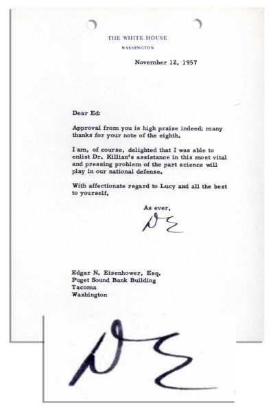 Dwight Eisenhower Typed Letter Signed as President -- ''...this most...pressing problem of the part science will play in our national defense...'' -- 1957