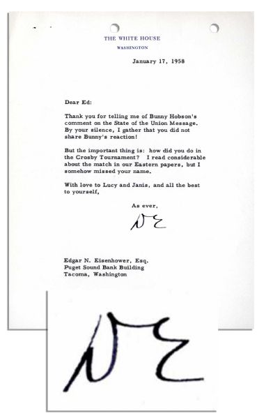 Dwight Eisenhower Typed Letter Signed as President -- ''...But the important thing is: how did you do in the Crosby Tournament?...'' -- 1958