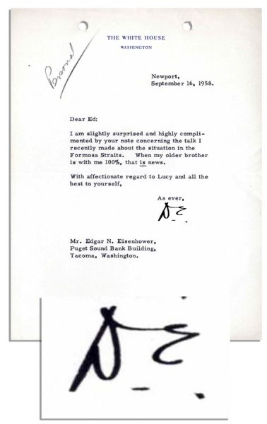 Dwight Eisenhower Typed Letter Signed as President -- ''...When my older brother is with me 100%, that IS news...'' -- 1958