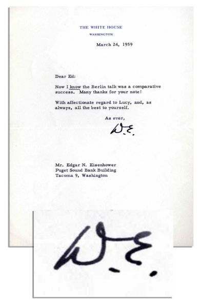 Dwight Eisenhower Typed Letter Signed as President -- ''...Now I know the Berlin talk was a comparative success...'' -- 1959