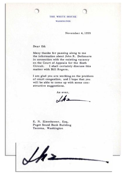 Dwight Eisenhower Typed Letter Signed -- ''...I am glad you are working on the problem of court congestion...'' -- 1959