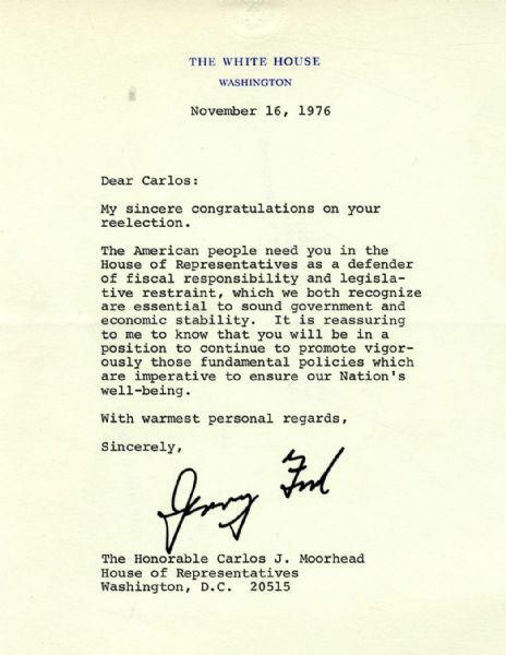 Gerald Ford 1976 Typed Letter Signed as President -- After His Defeat to Carter in November Election --  '...fiscal responsibility and legislative restraint...are essential to sound government...