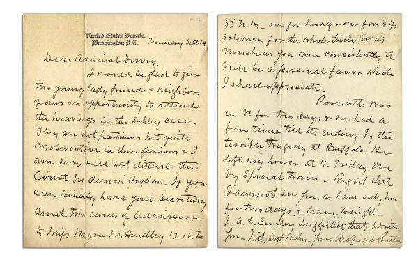 William McKinley Assassination Letter -- Vermont Senator Hosted Vice President Theodore Roosevelt at His Home When They Heard of McKinley's Murder