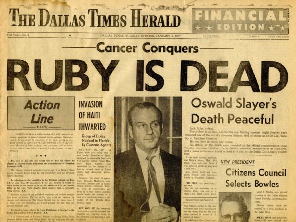 ''Dallas Times Herald'' 3 January 1967 -- Announcing Jack Ruby's Death -- Indictment Dropped for His Shooting of JFK's Assassin