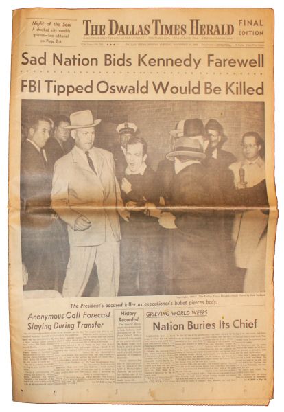 ''The Dallas Times Herald'' 25 November 1963 Detailing Death of JFK Assassin -- ''...FBI Tipped Oswald Would Be Killed...'' -- With Dramatic Eyewitness Photo