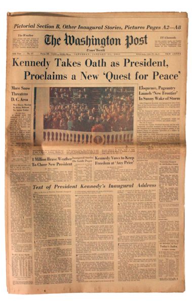 John F. Kennedy Inauguration Newspaper -- ''The Washington Post'' on 21 January 1961