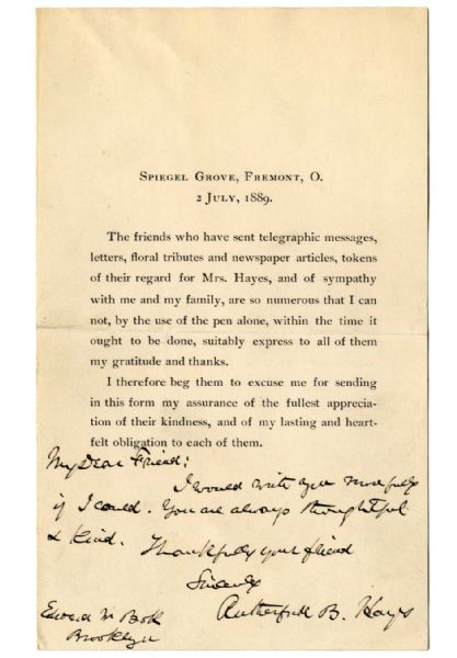 Rutherford B. Hayes Autograph Note Signed -- Replying to Condolences on His Wife's June 1889 Death -- Excellent Signature