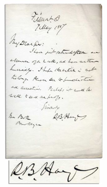 Rutherford B. Hayes Handwritten Note Signed -- To Editor Edward Bok -- '...I hope the article is not too large...''