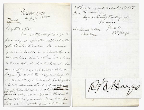 Rutherford B. Hayes Autograph Letter Signed Regarding the ''Omaha Slander'' Story on Liquor Trafficking -- '...the abuse of certain people is virtually commendation...''