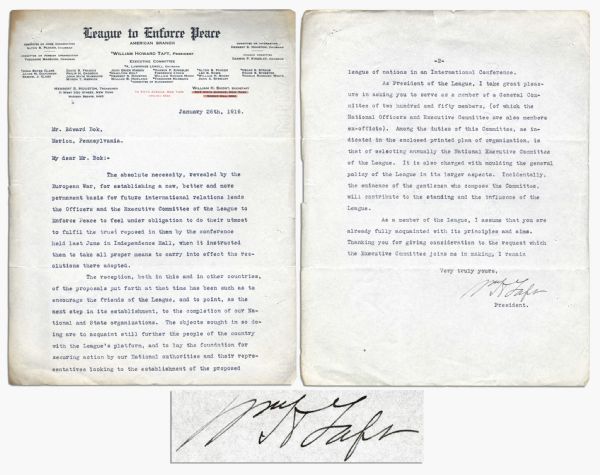 William Taft Letter Signed as President of the ''League to Enforce Peace,'' Precursor to League of Nations -- ''...The absolute necessity, revealed by the European War...for future international 