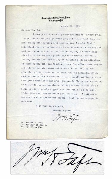 William Taft Typed Letter Signed as Supreme Court Chief Justice -- ''...stimulate...a closer understanding of the American people and their wishes, traditions, tastes, mistakes and faults...''