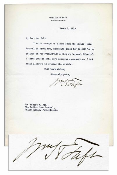 William Taft Typed Letter Signed -- ''...my article on 'Is Prohibition a Blow at Personal Liberty'...