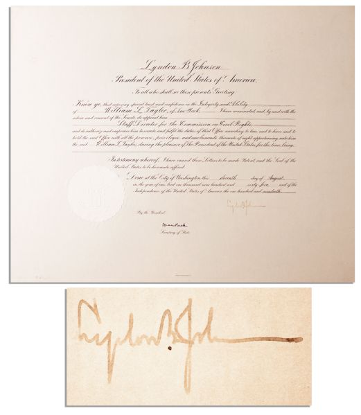 Lyndon Johnson Document Signed as President -- 1965 Appointment of Civil Rights Champion William Taylor to Civil Rights Commission -- Scarce