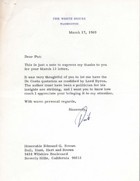 Richard Nixon Typed Letter Signed as President -- to California Governor Pat Brown