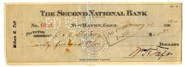 William H. Taft Check Signed -- Bold Signature on 29 January 1921 Check -- 8.5'' x 3'' -- Very Good