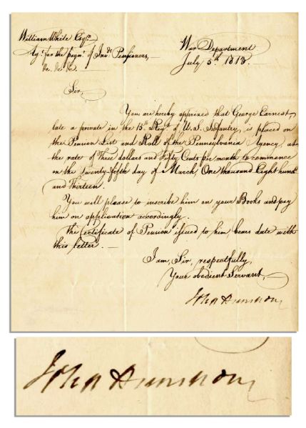 Secretary of War John Armstrong Letter Signed -- Secretary of War Under James Madison