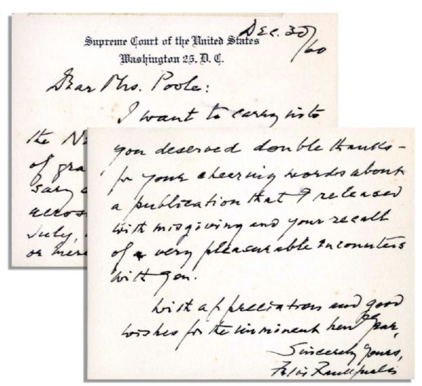 Justice Felix Frankfurter Handwrites a Note on Supreme Court Stationery