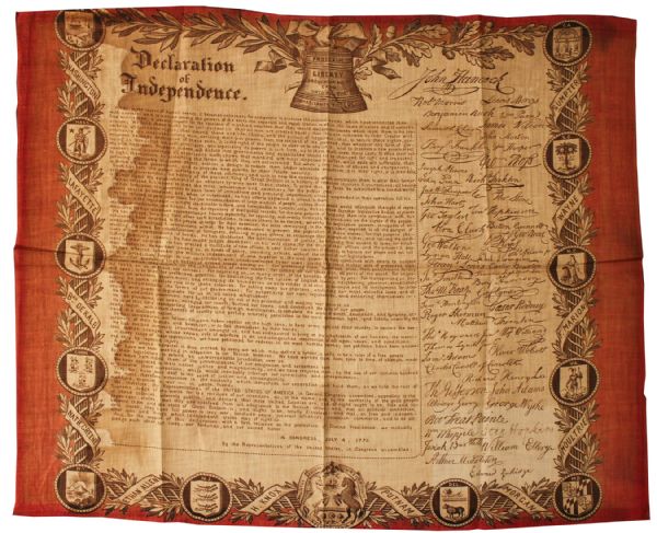 Declaration of Independence Printed on a 24'' x 20'' Piece of Fabric -- 1867 From World's Fair