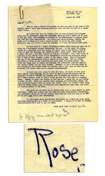 Rose Kennedy Signed Letter -- ''...Joe plays golf every morning...We also have been going to Eden Roc where the Queen of Iran goes water skiing every morning...'' -- 1955