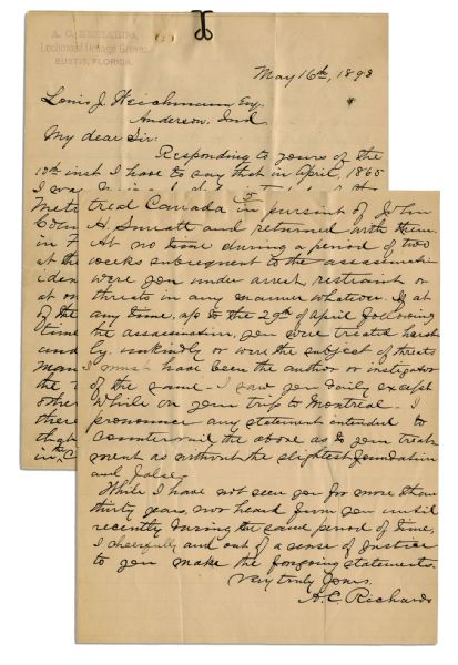 Eyewitness Letter to President Abraham Lincoln's Assassination -- ''...a band of men had for some time been concocting a plot to assassinate the President...''