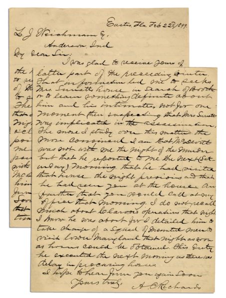 Eyewitness Letter from Police Who Hunted Lincoln Assassins -- ''...I visited the Surratt house on the night of the assassination between 12 and 1 o'clock...Laura Keene told him that it was Wilkes