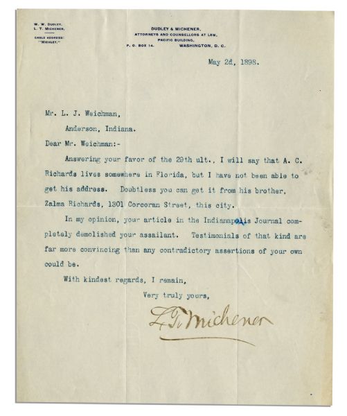 Letter to Louis Weichmann, Prosecution Witness at Lincoln Assassination Trial -- From Louis Michener, Indiana Attorney General