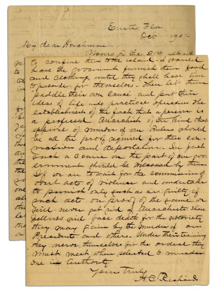 Letter Regarding the Assassinations of Presidents Lincoln & McKinley -- ''...a professed anarchist...that approve of murder...should be all the proof required for conviction and deportation...