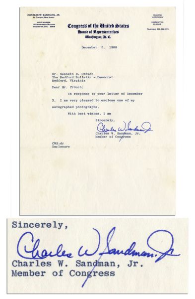 Watergate Congressman Charles W. Sandman Typed Letter Signed -- 8'' x 10.5'' -- Near Fine