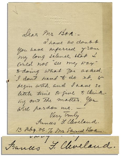 Frances Cleveland Curt Letter -- '...I don't want to do it...'' -- 1906
