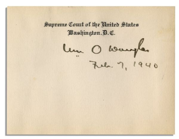Longest Running Justice William O. Douglas Signature on 4.25'' x 3.25'' SC Card -- ''Will O Douglas / Feb, 9, 1940'' -- Near Fine
