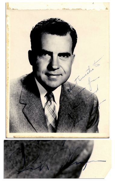 Richard Nixon Signed Photo -- ''''Best wishes to / Jim from / his friend / Richard Nixon''-- Matte Photo Measures 7.75'' x 10'' -- Glue Residue on Border, Very Good