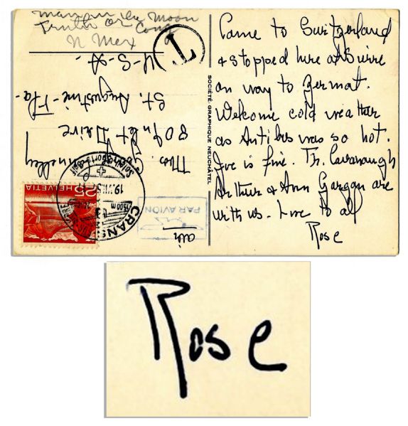 Rose Kennedy Handwritten Postcard From the Alps -- ''Came to Switzerland & stopped here at Sierre...'' -- 1957