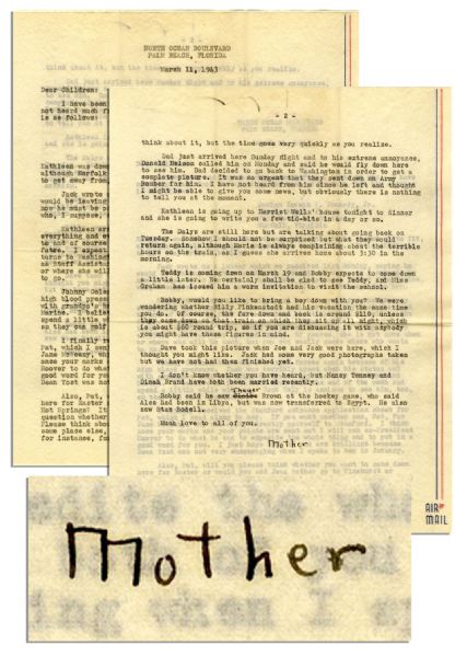 Rose Kennedy 1943 Typed Letter Signed to ''Dear Children'' Mentioning Joe Jr., Jack and Bobby -- ''...Jack wrote us a letter...saying he would be leaving for the Pacific in a couple of days...