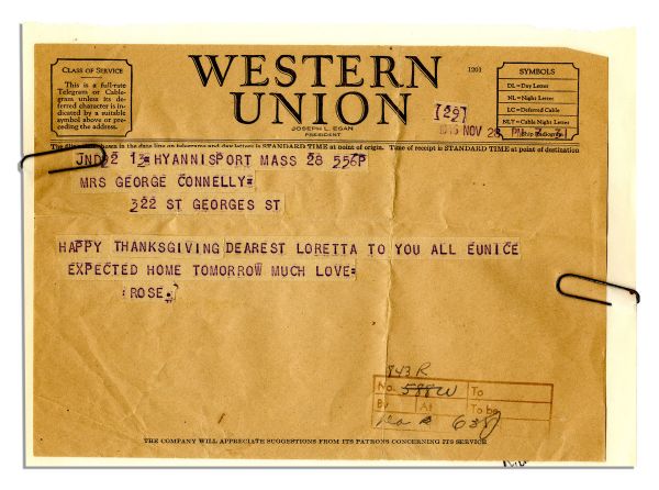 Western Union Telegram From Rose Kennedy to Sister-in-Law Loretta Connelly -- ''Happy Thanksgiving...Much Love Rose'' -- 28 November 1946 -- Very Good