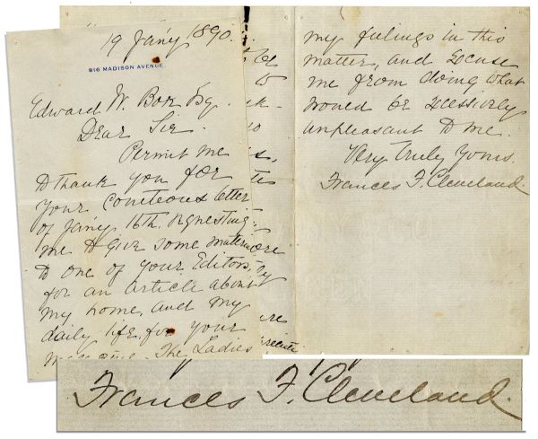 Youngest Ever First Lady Frances Cleveland Autograph Letter Signed -- '...secure me from doing what would be excessively unpleasant...''