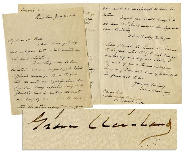 President Grover Cleveland Autograph Letter Signed -- '...I expect you would ideally like to have it: 'Honest American Marriage and Home Building...''