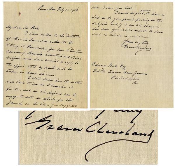 Grover Cleveland Autograph Letter Signed -- '...I have written...for some literature concerning women's industrial and social welfare; and have received a reply...'' -- 1906