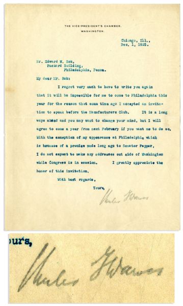 Vice President & Nobel Peace Prize Winner Charles G. Dawes Typed Letter Signed -- on ''Vice-President's Chamber'' Letterhead