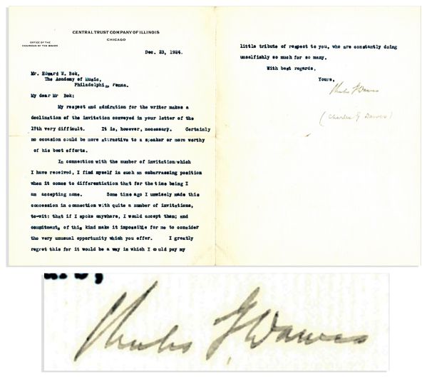 Vice President Charles Gates Dawes Signed Letter -- '...I realize the value of your plan for the recognition of civic service as never before...'' -- 1927