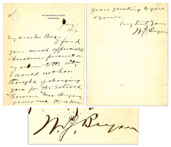 William Jennings Bryan Autograph Letter Signed -- '...I find your much appreciated Christmas present on my return to the city...'' -- 1914