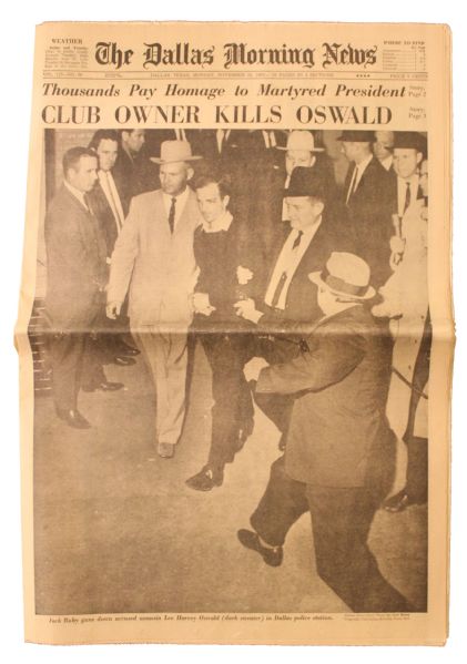 ''The Dallas Morning News'' Announces ''CLUB OWNER KILLS OSWALD'' -- Other Headline: ''Thousands Pay Homage to Martyred President''
