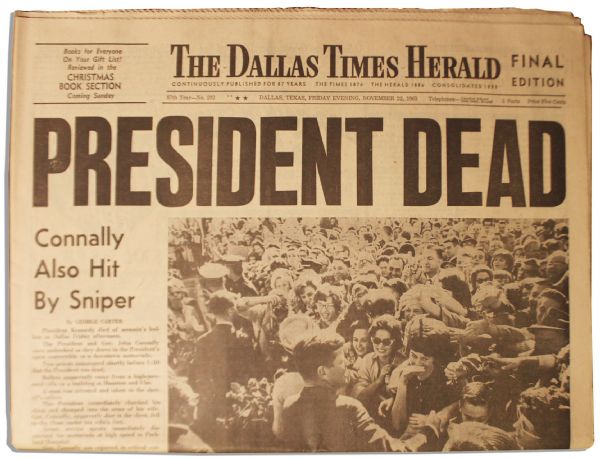 Historic Copy of ''The Dallas Times Herald'' From the Evening JFK's Assassination Stunned the World -- Headlines Include  ''Secret Service Checks in Vain''