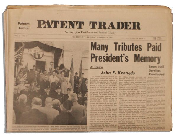 28 November 1963 Newspaper With Editorial on JFK's Assassination -- ''...the fruitless, frantic wish that the clock might set back to just before and this impossible event repealed...