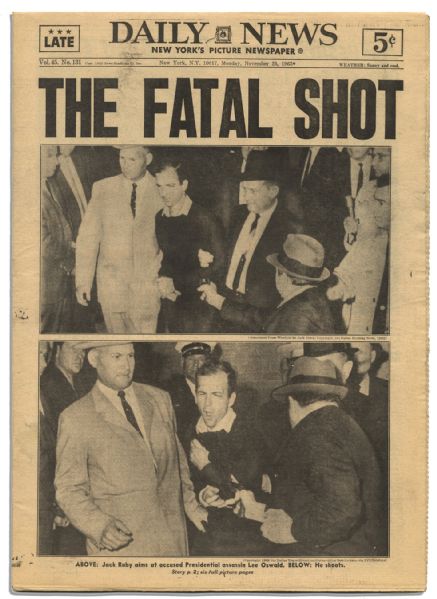 ''New York Daily News'' 25 November 1963 Reporting the Murder of Kennedy Assassin Lee Harvey Oswald -- Headline Reads: ''The Fatal Shot''