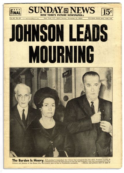 ''New York Daily News'' 24 November 1963 -- ''Johnson Leads Mourning'' and ''The Burden is Heavy''