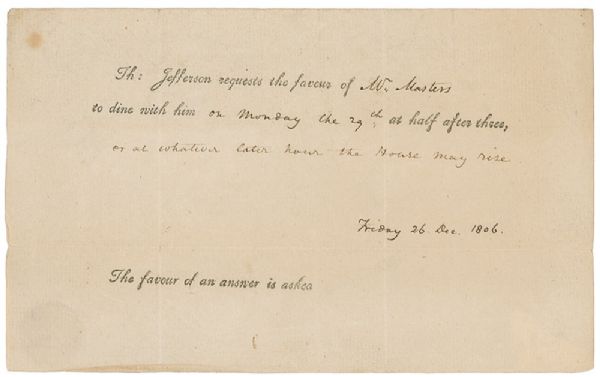Invitation to Dine With Thomas Jefferson -- 1806 -- Scarce