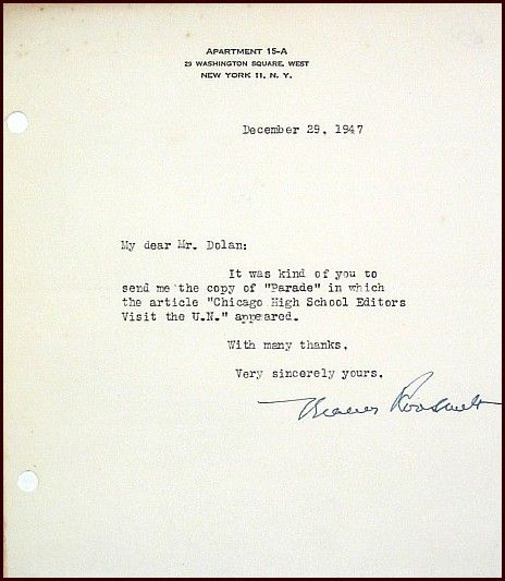 Eleanor Roosevelt 1947 Signed Thank You Letter -- 6'' x 7'' -- Very Good Condition