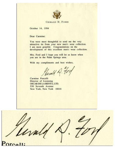 Gerald Ford 1994 Typed Letter Signed -- '...You were most thoughtful to send me the very attractive tie...''