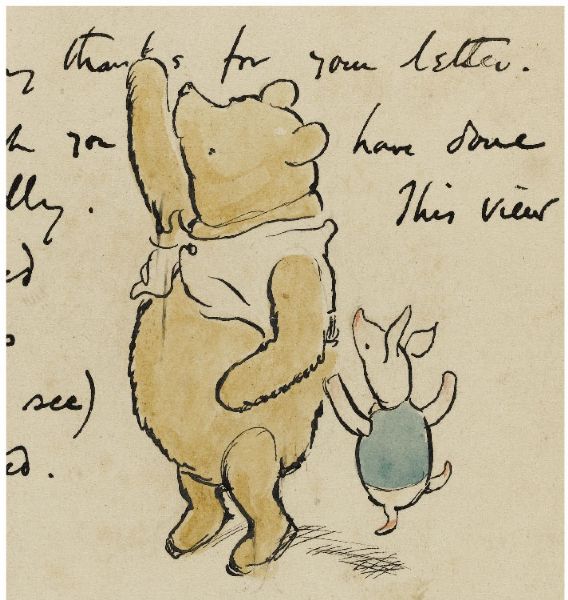Original Ink and Watercolor Drawing by E.H. Shepard of Winnie-the-Pooh and Piglet -- Extraordinarily Scarce Drawing by Shepard of the Most Famous Children's Character