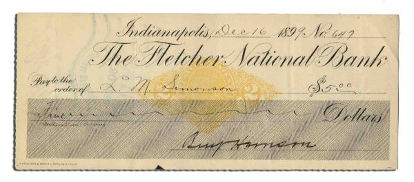 Benjamin Harrison Signed Holograph Check -- $5.00 Drawn From Fletcher's Bank -- 7.25'' x 2.75'' -- Very Good Condition